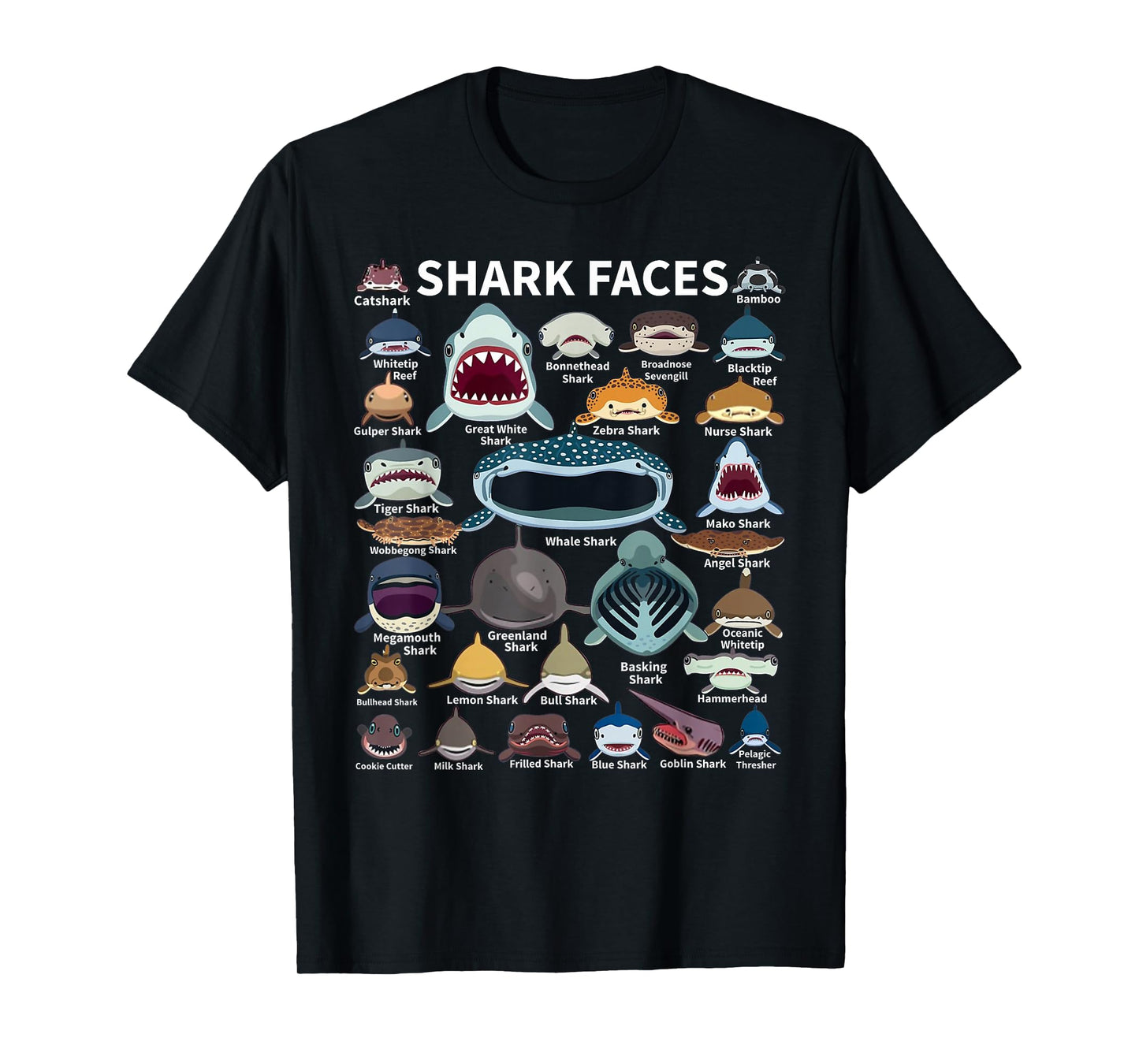 Shark Faces - Type of Shark - Shark Faces of All Kinds T-Shirt
