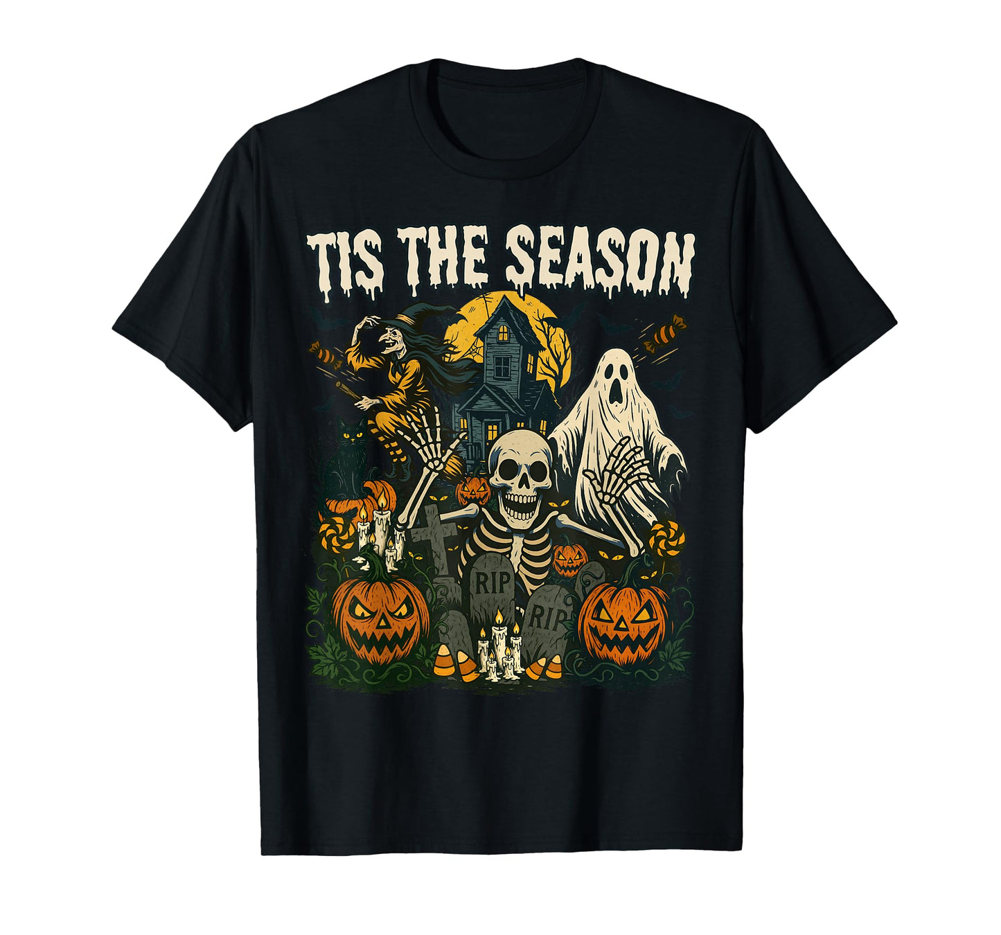 Vintage Tis The Season Halloween Skeleton Ghost Vibes Retro T-Shirt