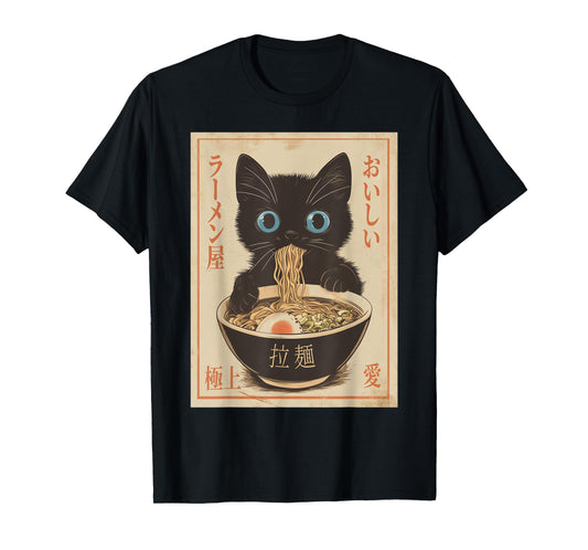 Cat Ramen Funny Japanese Graphic Tee Kawaii Anime Vintage T-Shirt