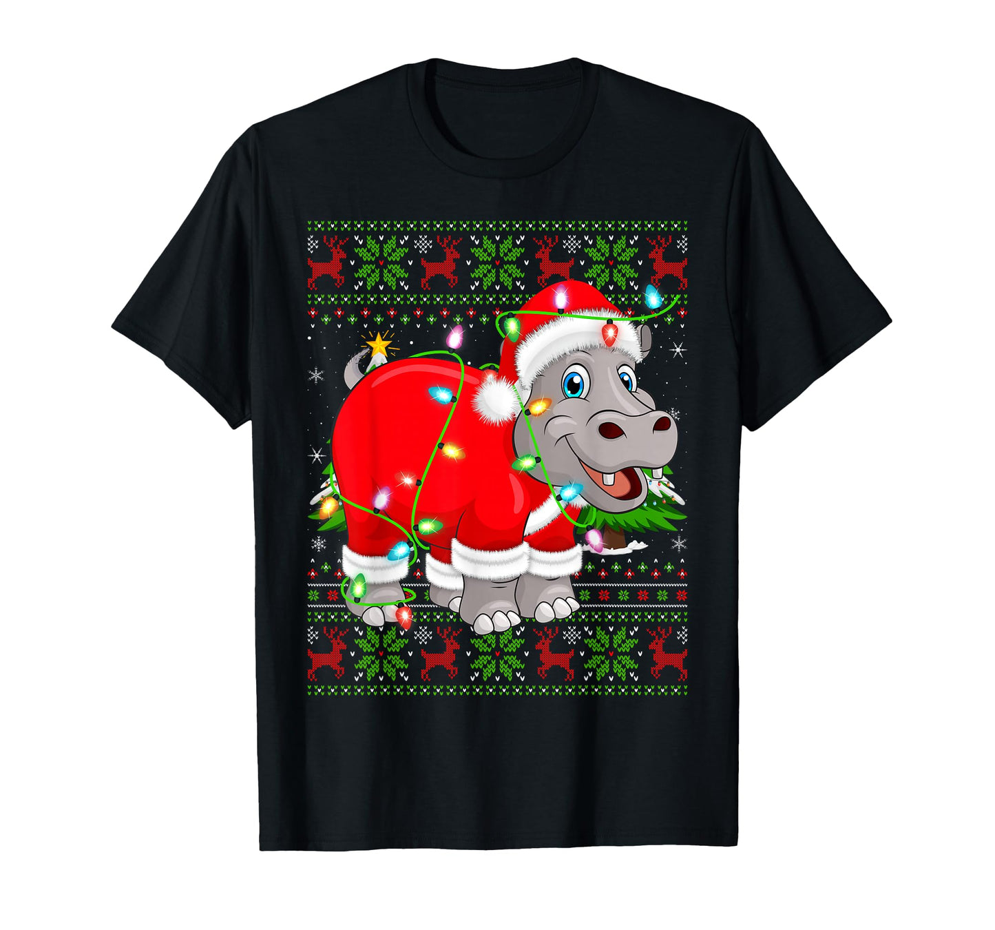 Hippo Christmas Lights Santa Hippopotamus Ugly Xmas Sweaters T-Shirt