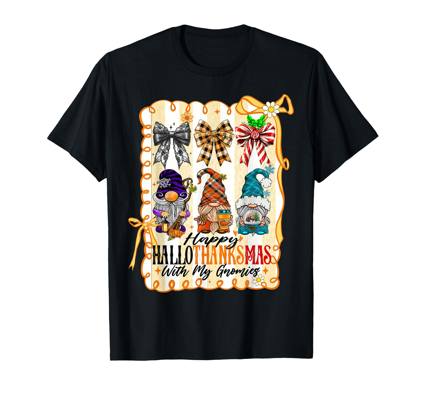 Happy Hallothanksmas with My Gnomies Coquette Bow Gnomes T-Shirt