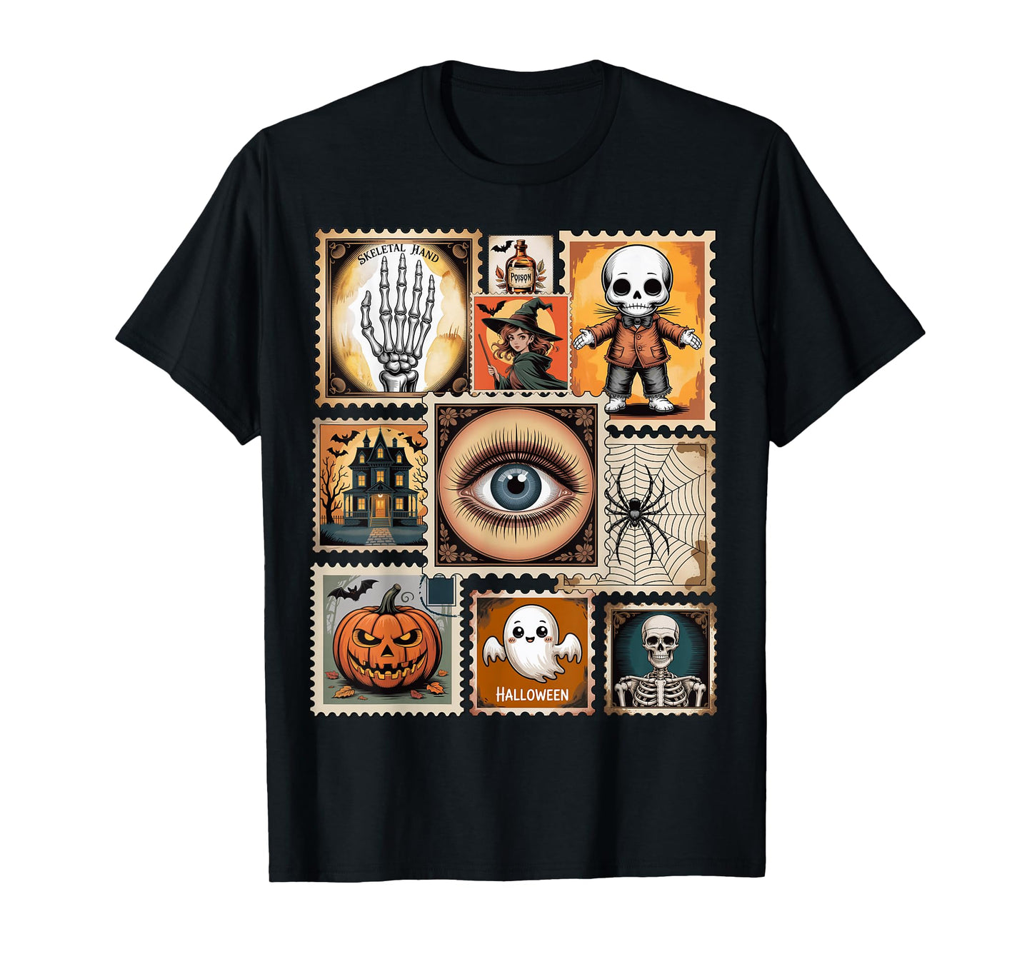 Halloween Stamp Collage Vintage Skeleton, Pumpkin, Witch T-Shirt