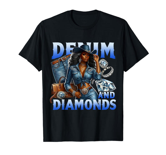 Denim And Diamonds Country Western Party Cowgirl Boots Bling T-Shirt