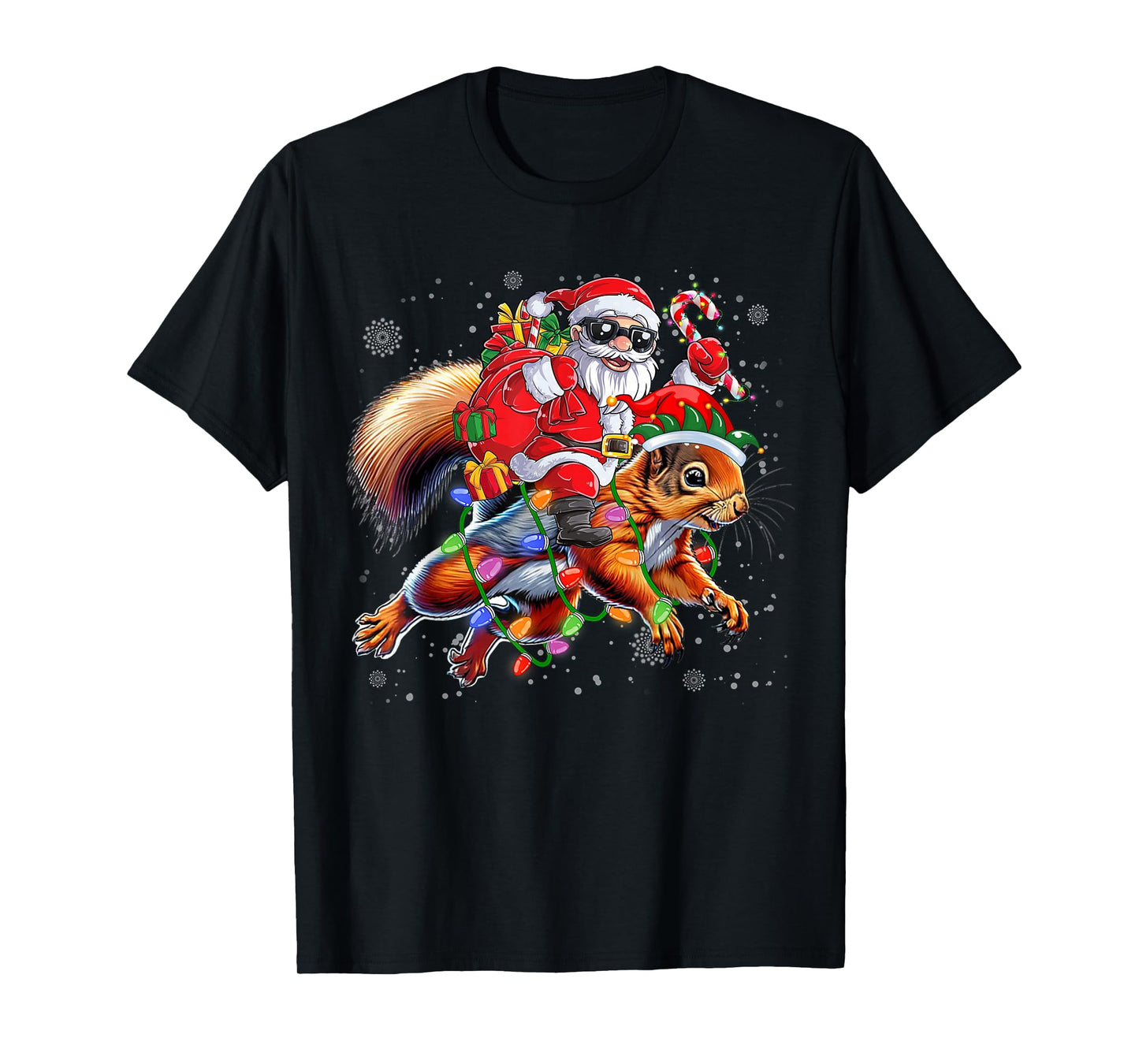 Santa Riding Squirrel Christmas Lights Xmas Men Women Kids T-Shirt