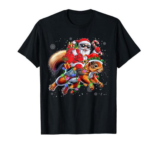 Santa Riding Squirrel Christmas Lights Xmas Men Women Kids T-Shirt