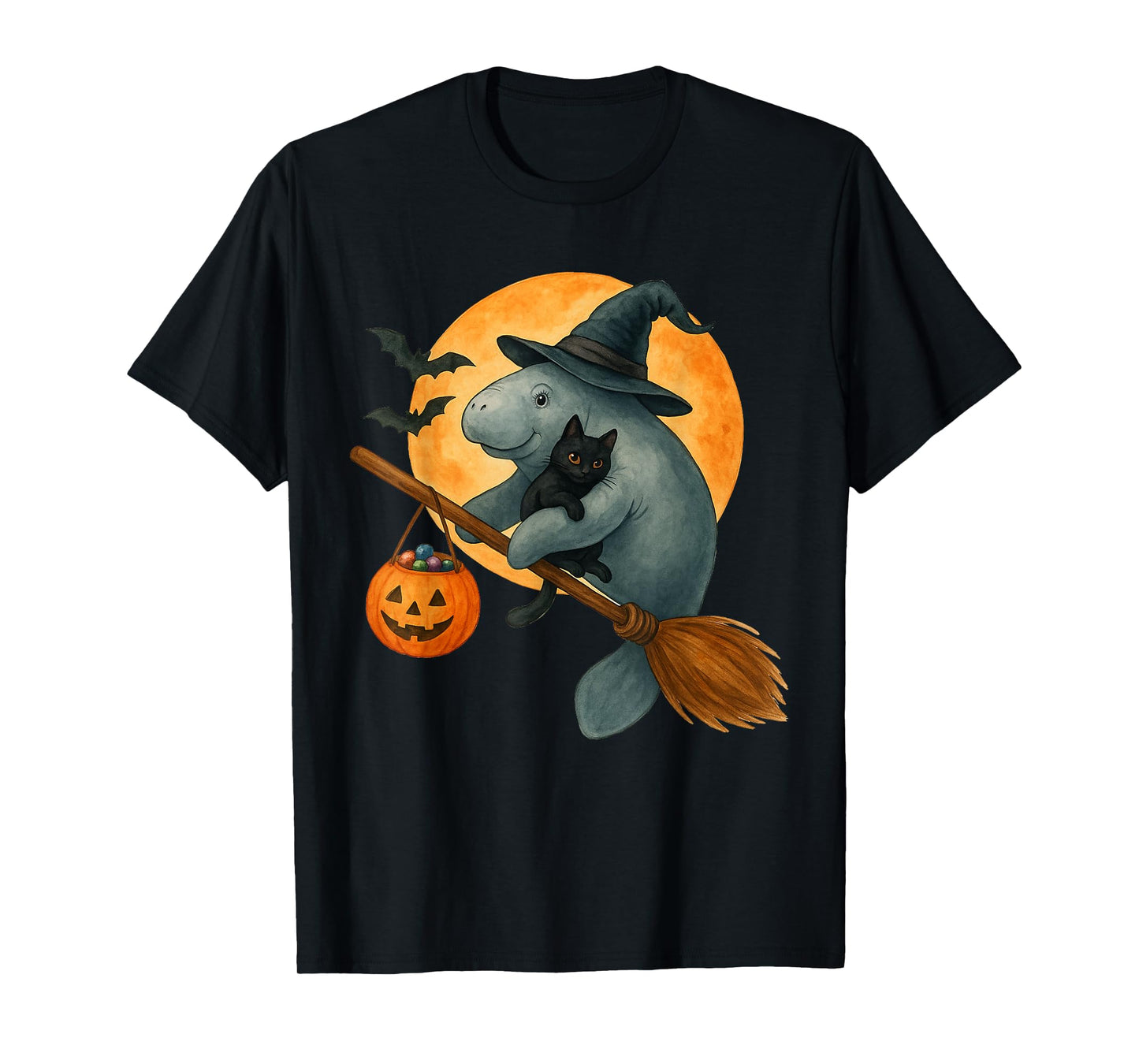 Retro Manatee Witch Hat Black Cat Pumpkin Halloween Costume T-Shirt