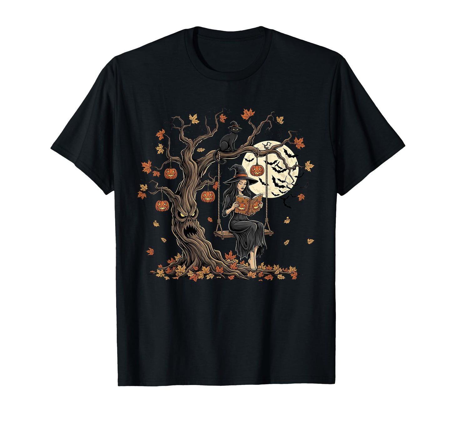 Vintage Witch Reading Book Pumpkin Swing Autumn Thanksgiving T-Shirt