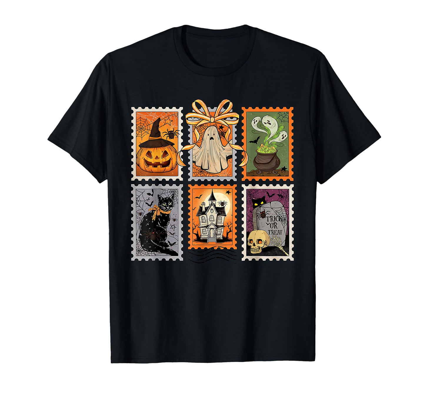 Retro Halloween Stamp Icons Funny Halloween Cat Ghost Stamp T-Shirt