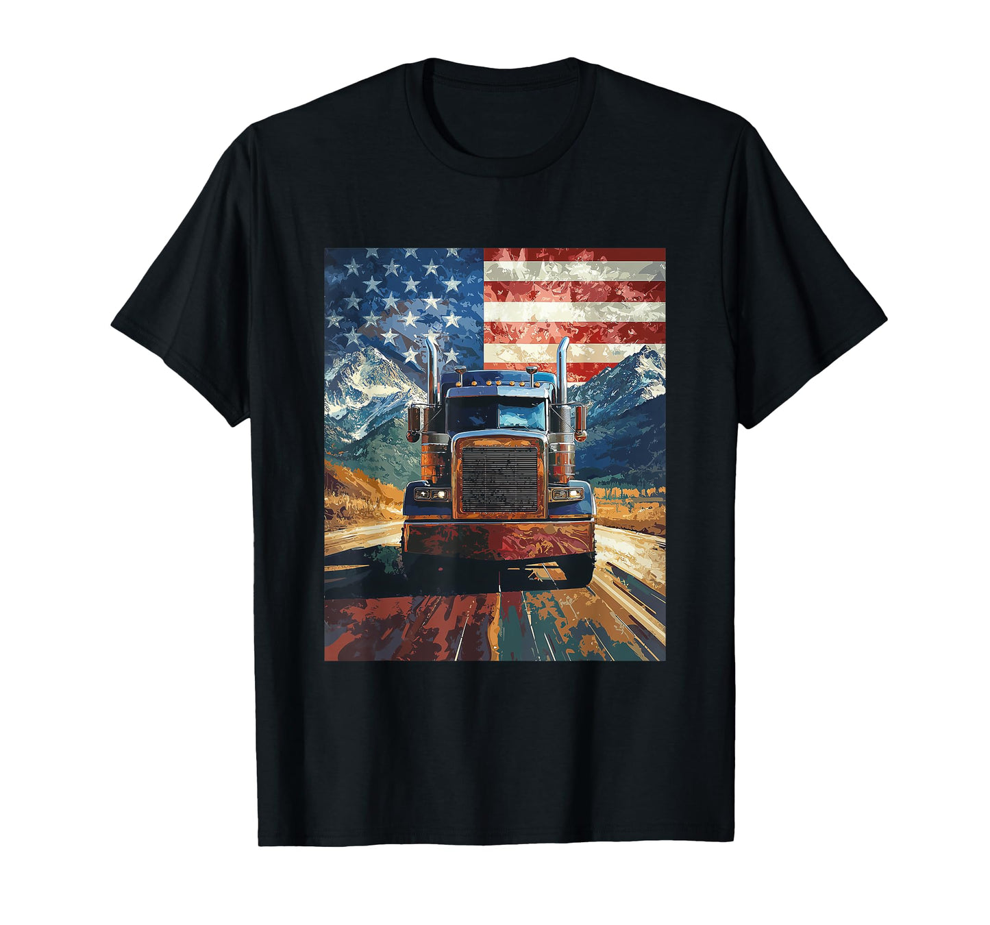 Trucker Truck USA America Flag Graphic T-Shirt