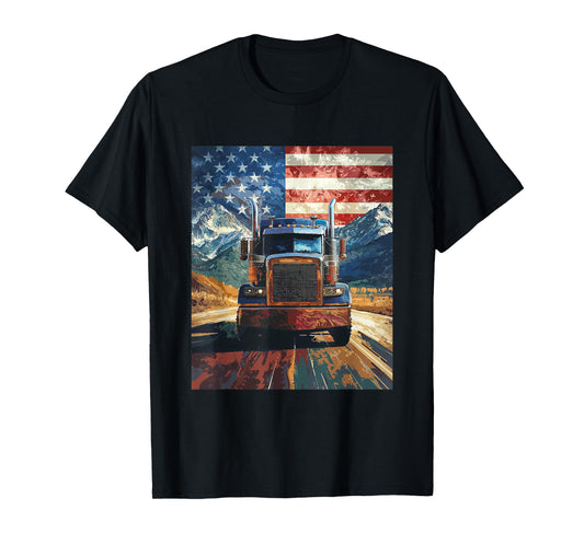 Trucker Truck USA America Flag Graphic T-Shirt