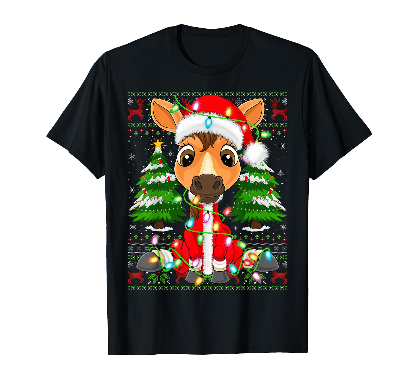 Funny Horse Christmas Lights Santa Costume Ugly Xmas Sweater T-Shirt