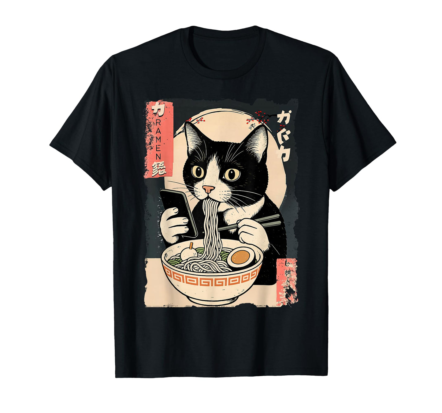 Funny Cat Eating Ramen and Scroll Phone Anime Japanese T-Shirt