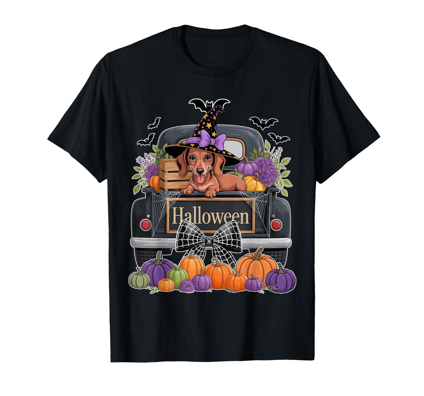 Funny Dachshund Witch Hat Truck Pumpkin Dog Lovers Halloween T-Shirt