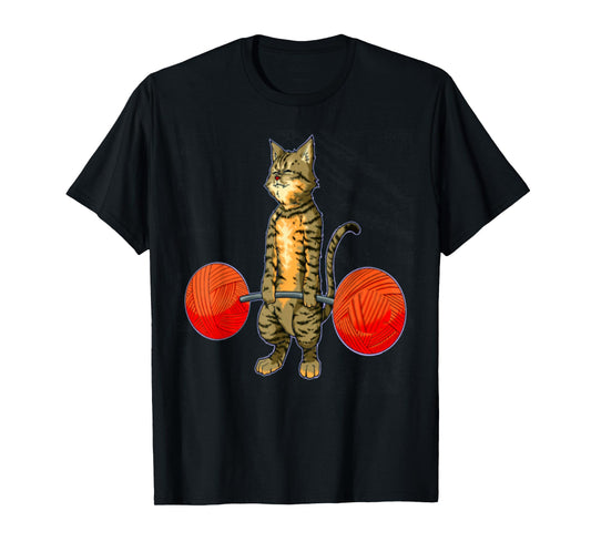 Deadlifting Tabby Cat Powerlifting Musclebuilding Black Cat Cartoon Deadlifting Gym T-Shirt