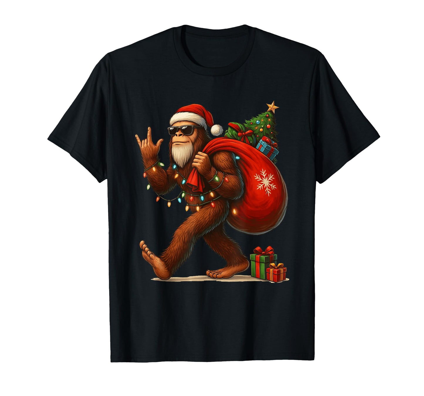 Santa Bigfoot Christmas Tree Lights Funny Sasquatch Believe T-Shirt