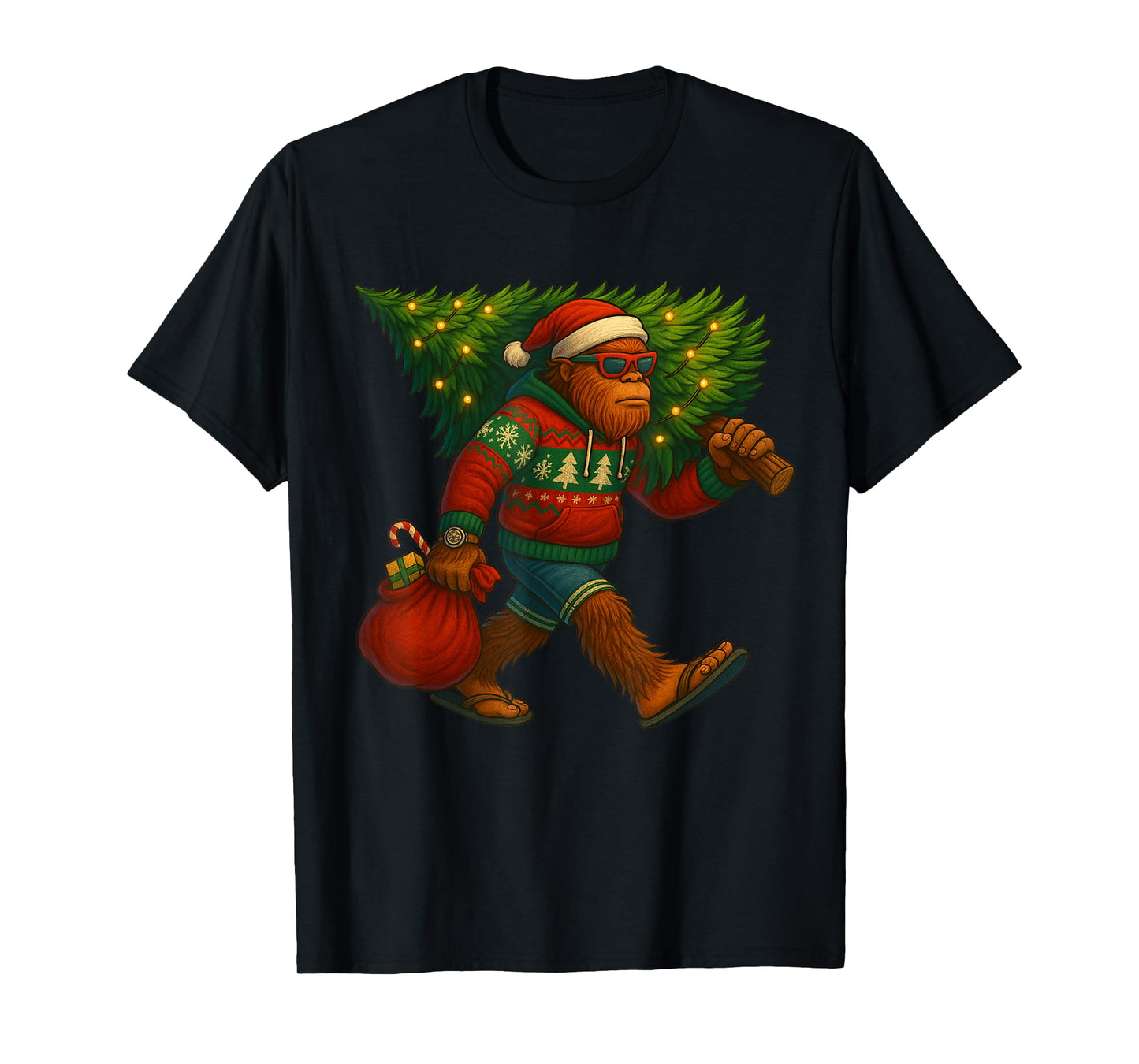 Bigfoot Christmas Tree Lights Xmas Sasquatch Boys Men Kids T-Shirt
