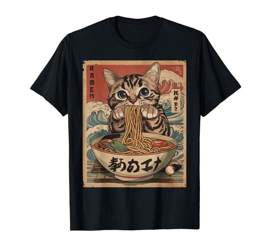 Cat Eating Ramen Noodles Kawaii Anime Manga Japanese Food T-Shirt