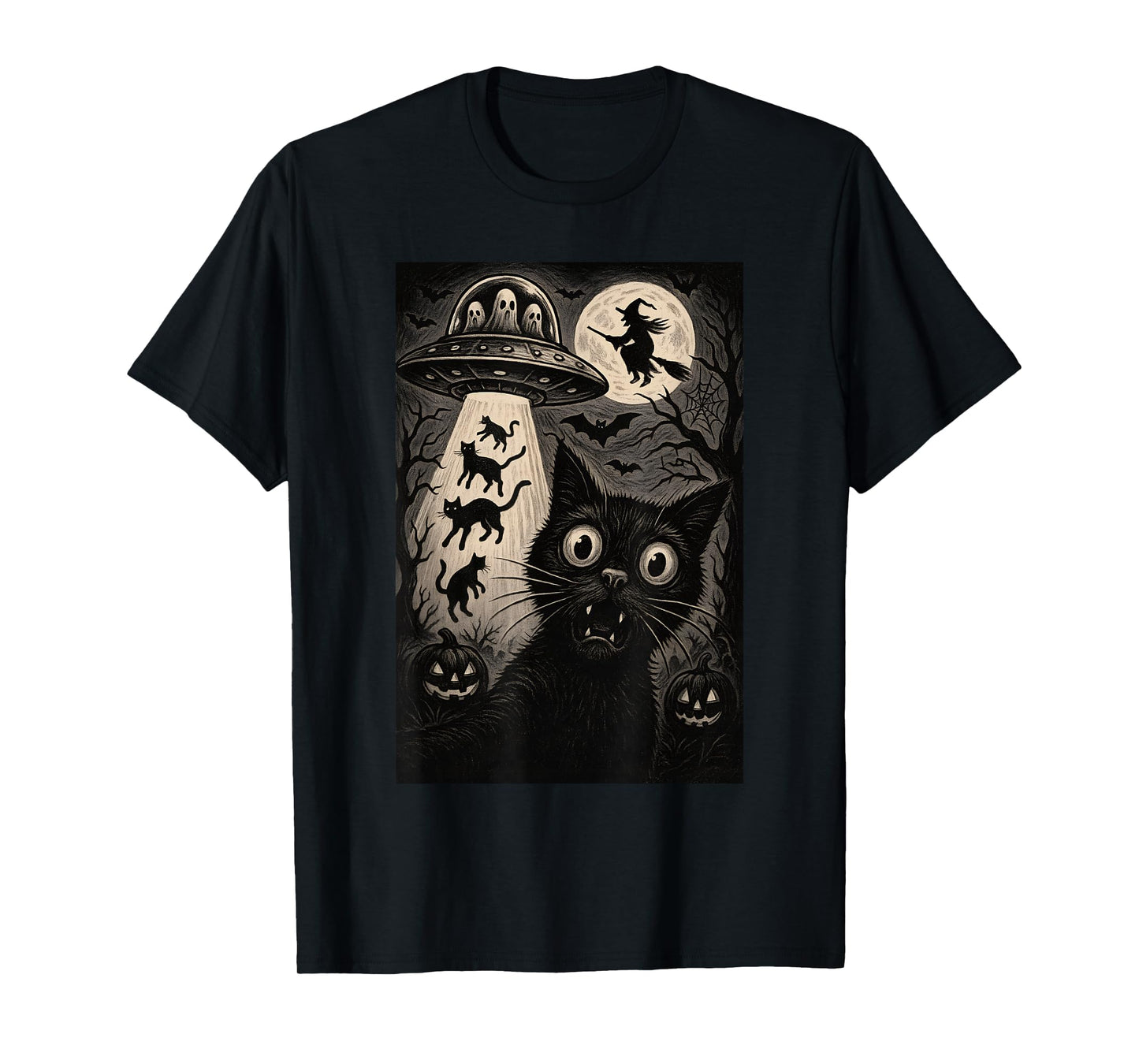 Halloween Cat Selfie Spooky Alien Abduction Cats UFO Flying T-Shirt