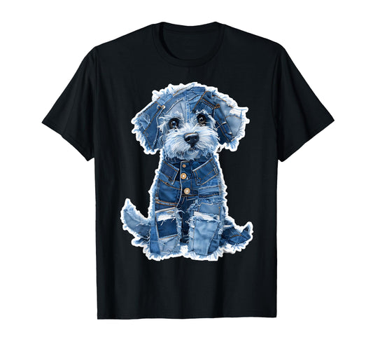 Retro Dog Pattern Denim Patchwork Graphic Art T-Shirt