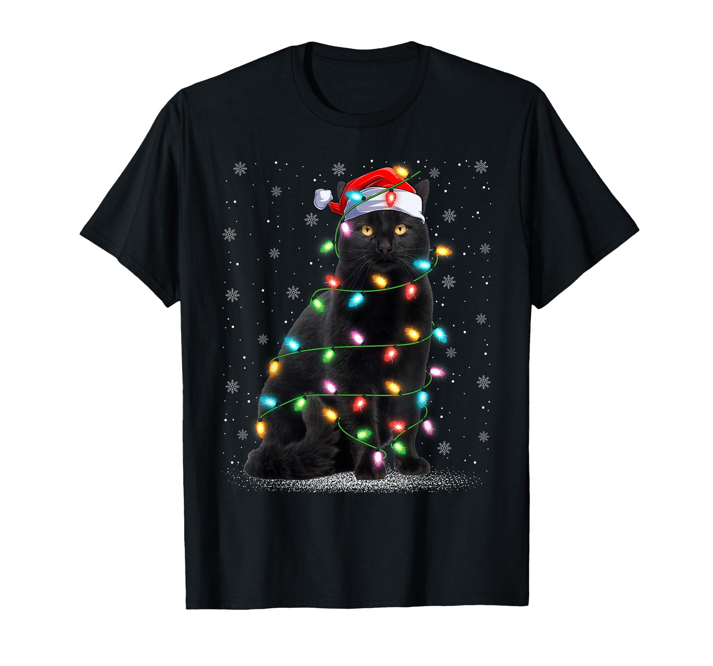Black Cat Christmas Lights Santa Hat Cat Xmas Pajamas T-Shirt