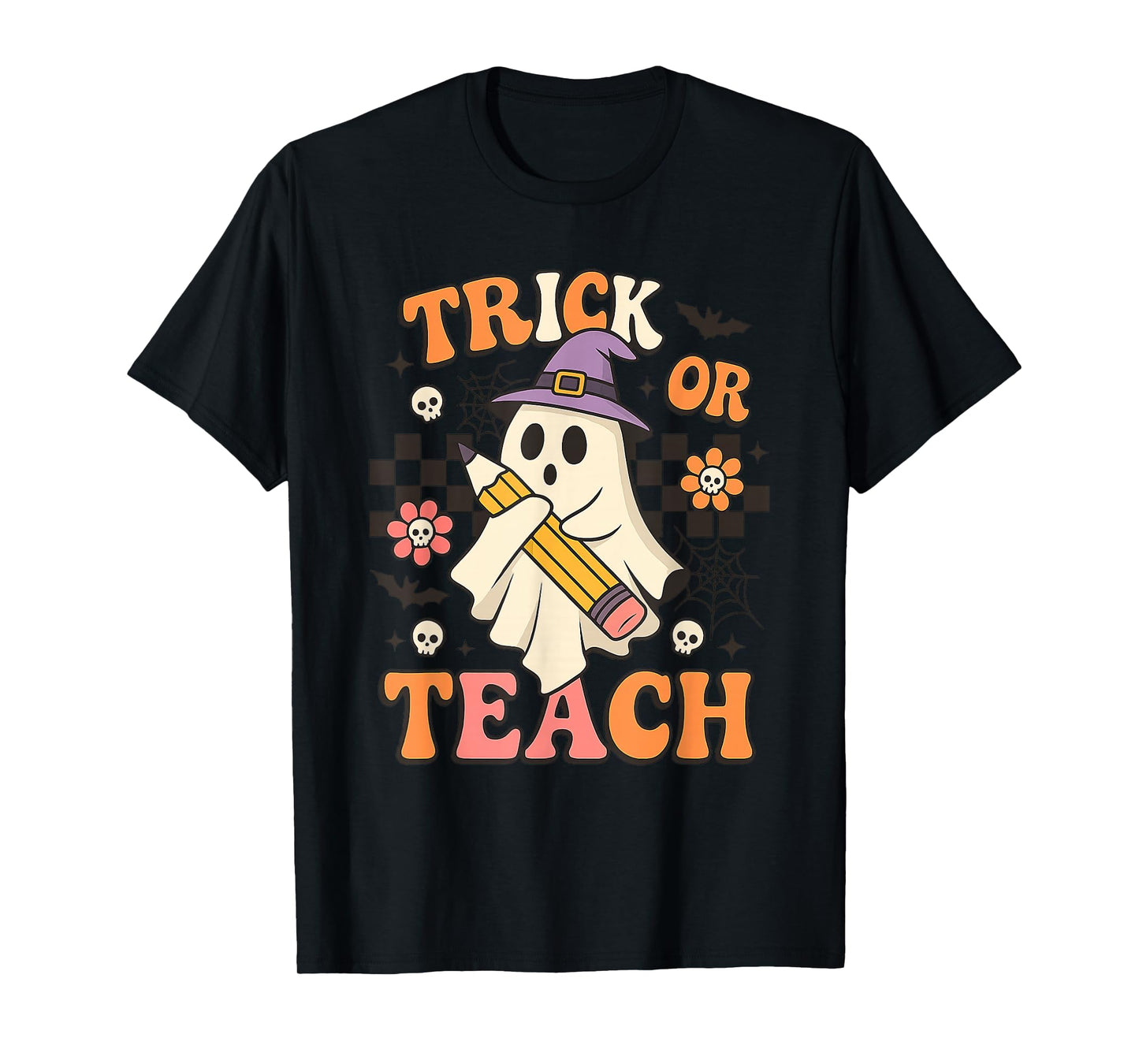 Trick or Teach Cute Ghost Witch Hat Funny Halloween Teacher T-Shirt