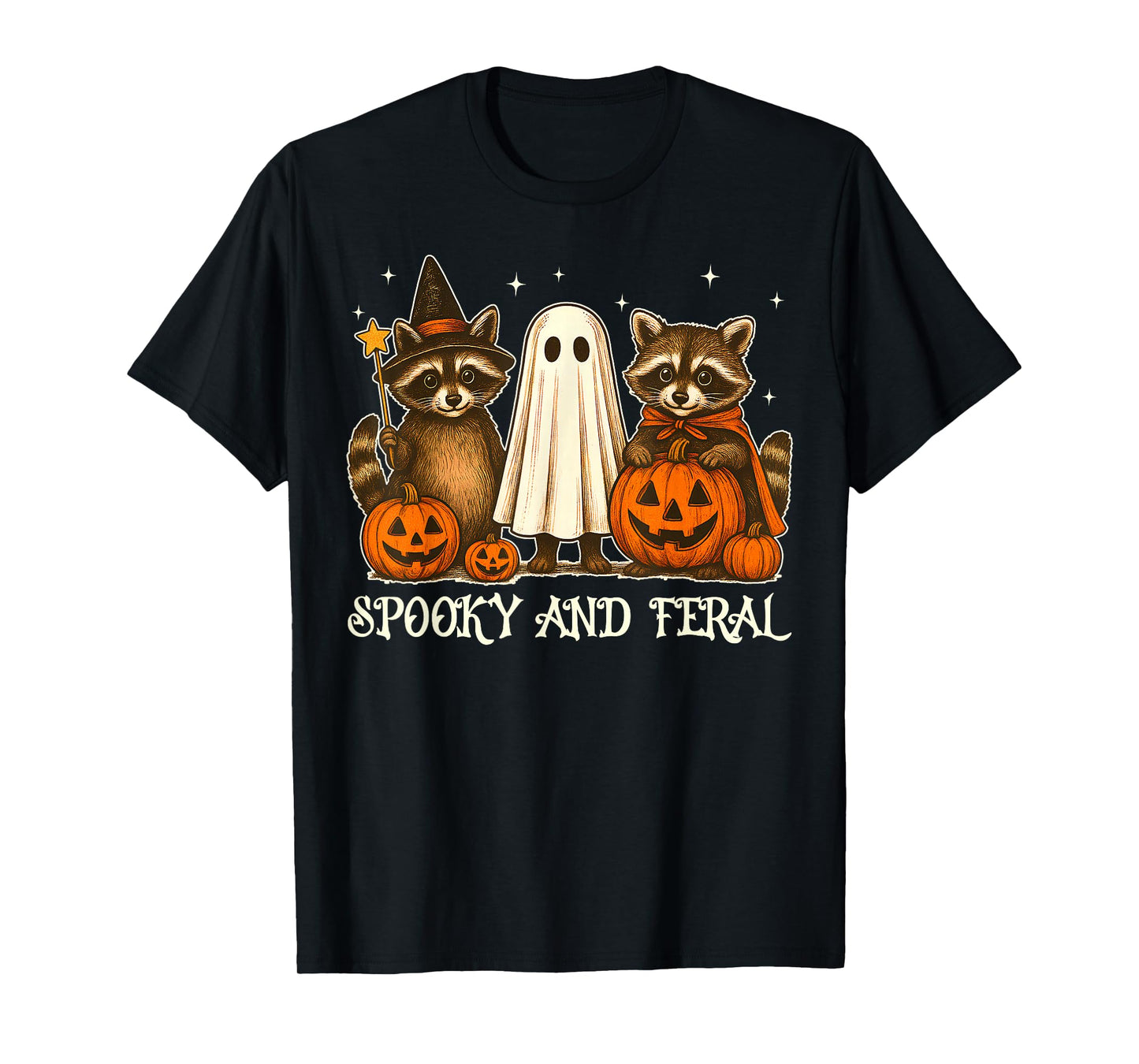 Spooky and Feral Raccoon Ghost Witch Costume Halloween Day T-Shirt