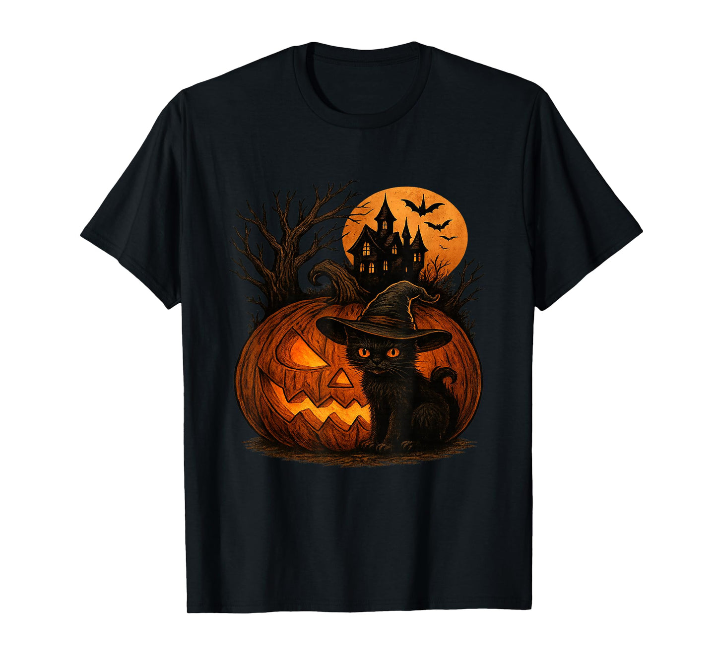 Black Cat with Pumpkin and Haunted House Halloween Motif T-Shirt