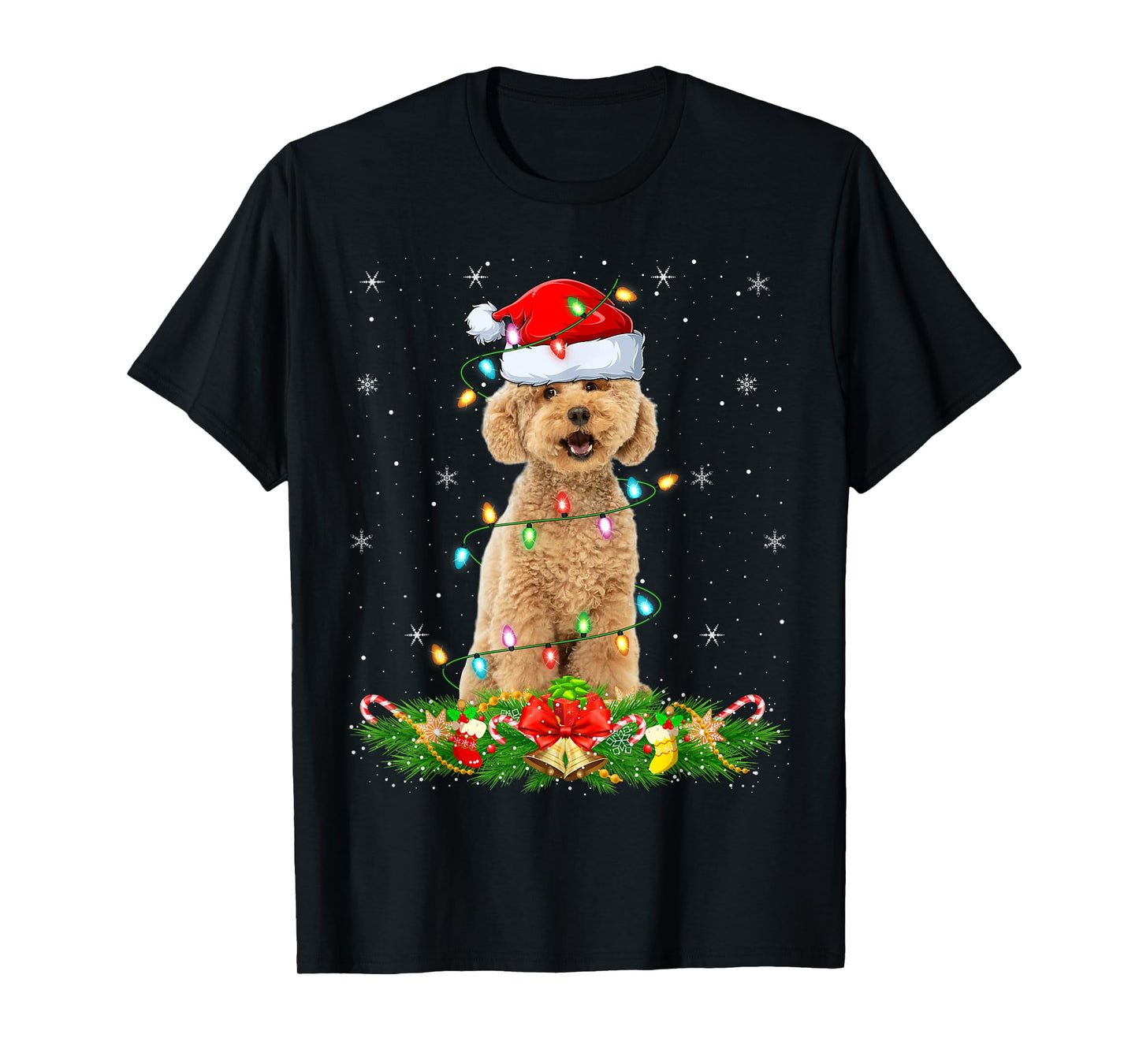 Maltipoo Dog Christmas Lights Funny Santa Hat Xmas T-Shirt
