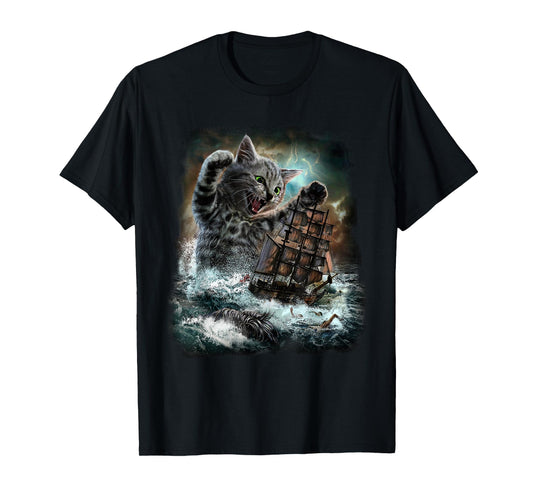 Monster Tabby Cat Ambush Battle Ship T-Shirt