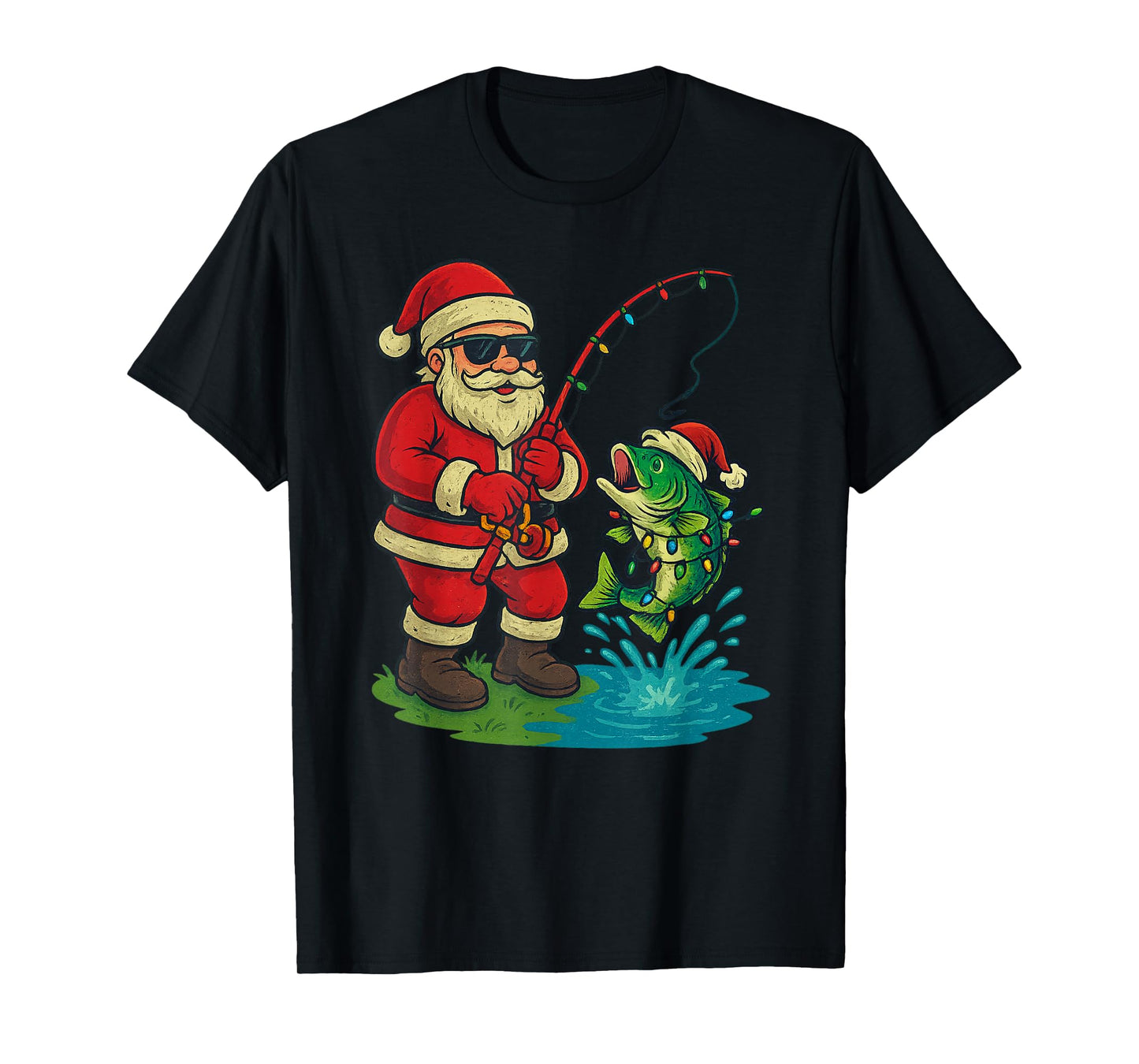 Santa Fishing Christmas Vintage Fish Funny Xmas T-Shirt