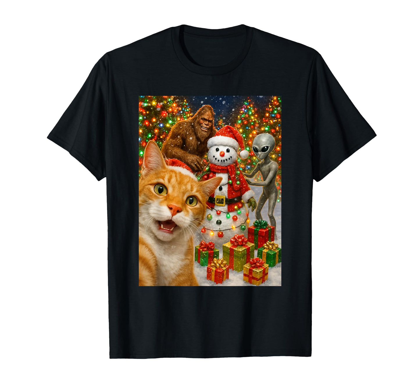 Funny Christmas Cat Selfie with Bigfoot Alien & Snowman T-Shirt