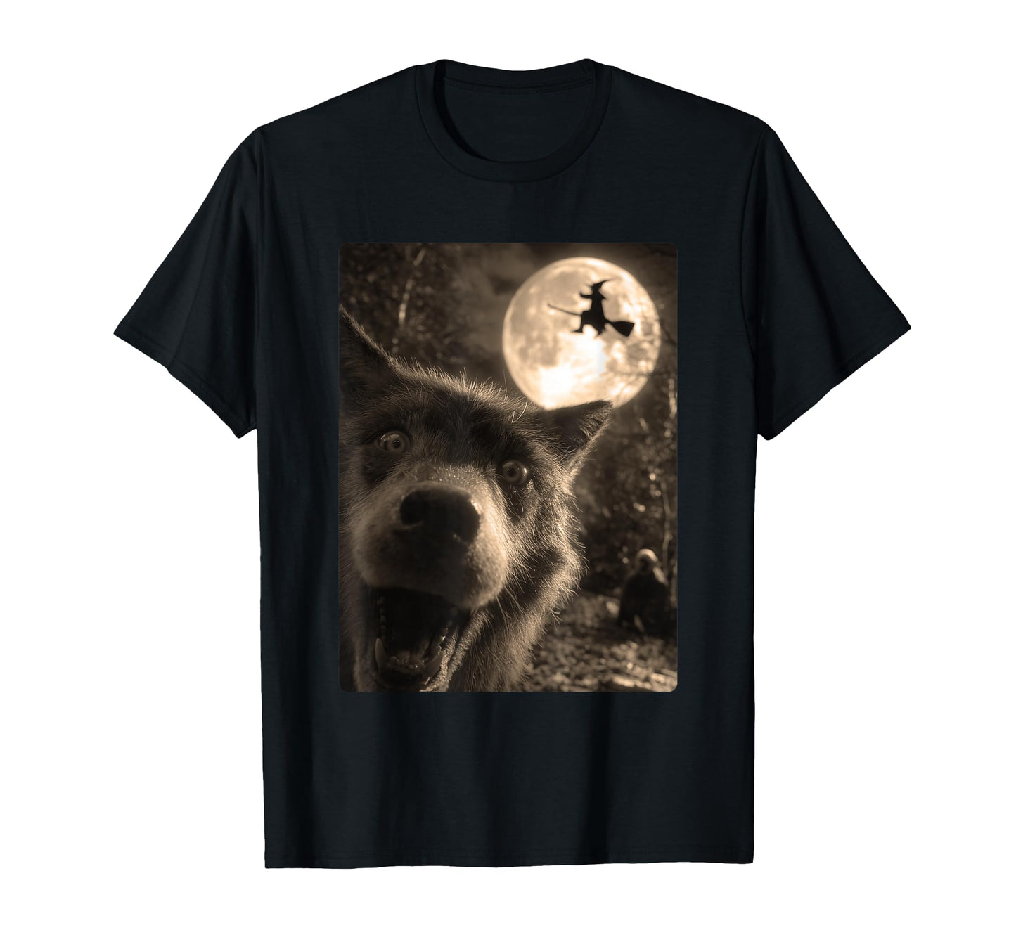 Funny Wolf Selfie Full Moon Flying Witch Forest Halloween T-Shirt