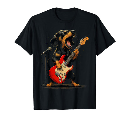 Dachshund Dog Guitar Shirt, Funny Rock and Roll Weenie Dog T-Shirt