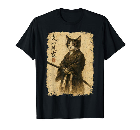 Samurai Cat Vintage Ukiyo-E Warrior Art Graphic Cat Art T-Shirt for Men Women Kids