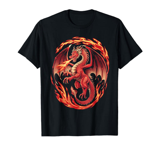 Mythical Red Dragon Breathes Fire On Clouds, Boy Girl Dragon T-Shirt