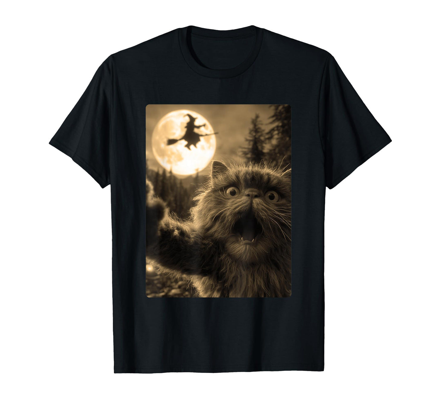 Funny Persian Cat Selfie Full Moon Flying Witch Halloween T-Shirt