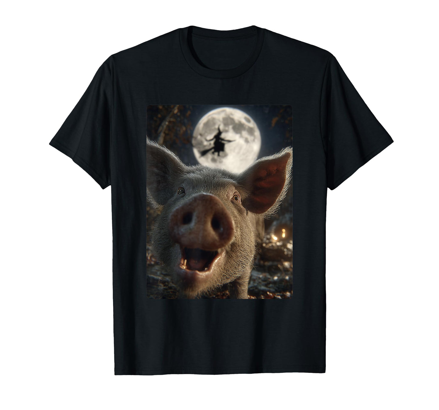 Funny Pig Selfie Full Moon Flying Witch Forest Halloween T-Shirt