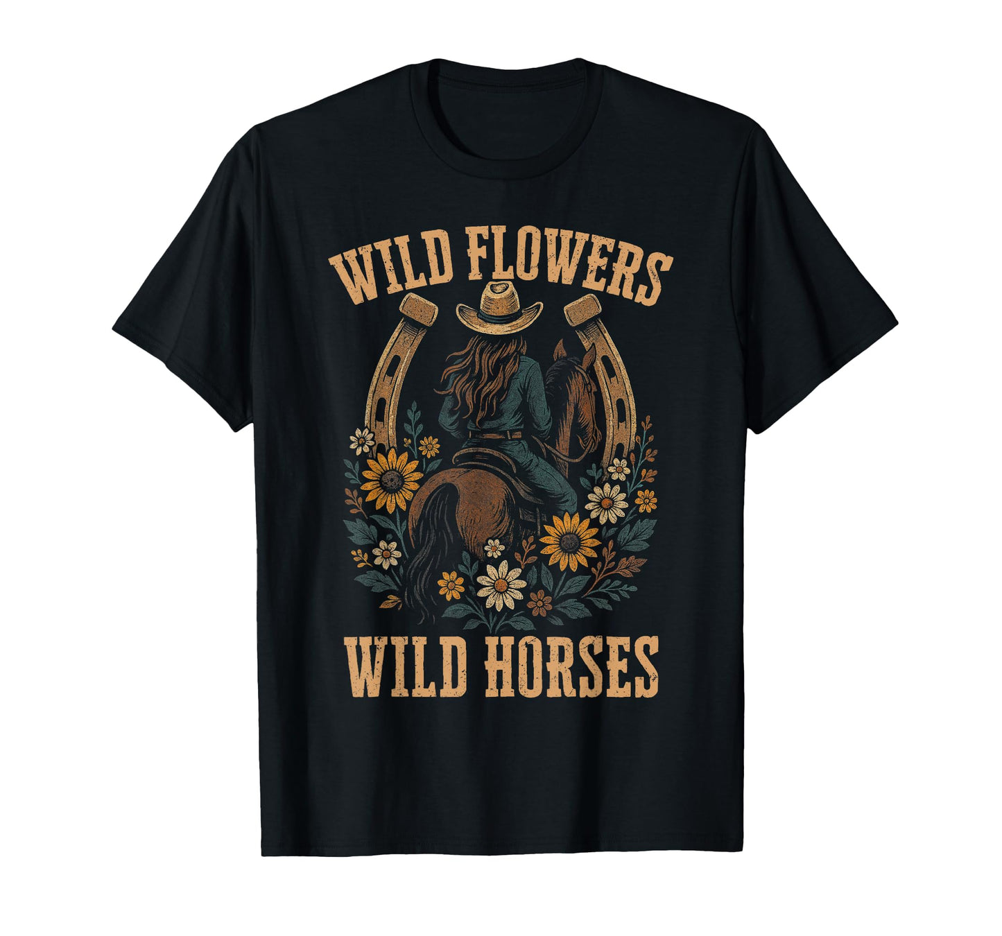 Retro Southern Sunset Wild Cowgirl Flowers - Wild Horses T-Shirt