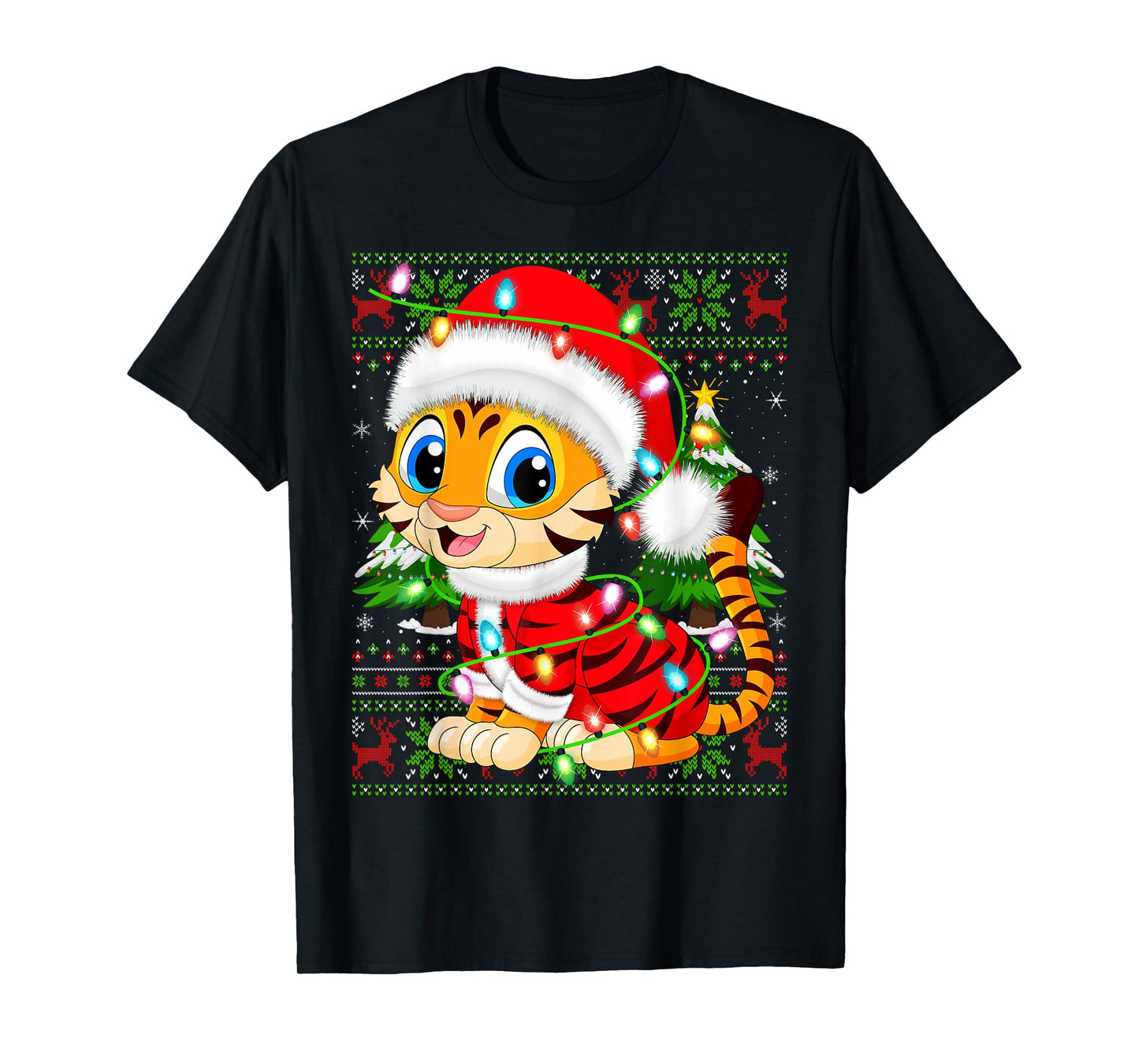 Tiger Christmas Lights Santa Costume Ugly Xmas Sweaters T-Shirt