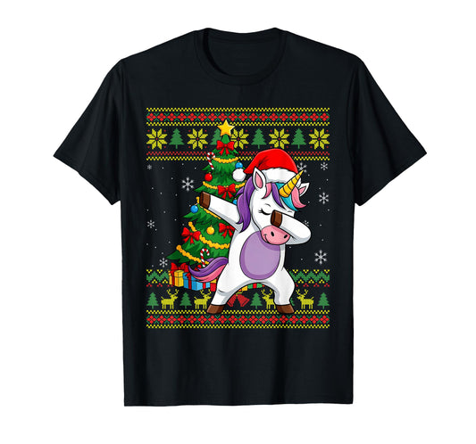 Dabbing Santa Unicorn Ugly Christmas Sweater Pattern Women T-Shirt