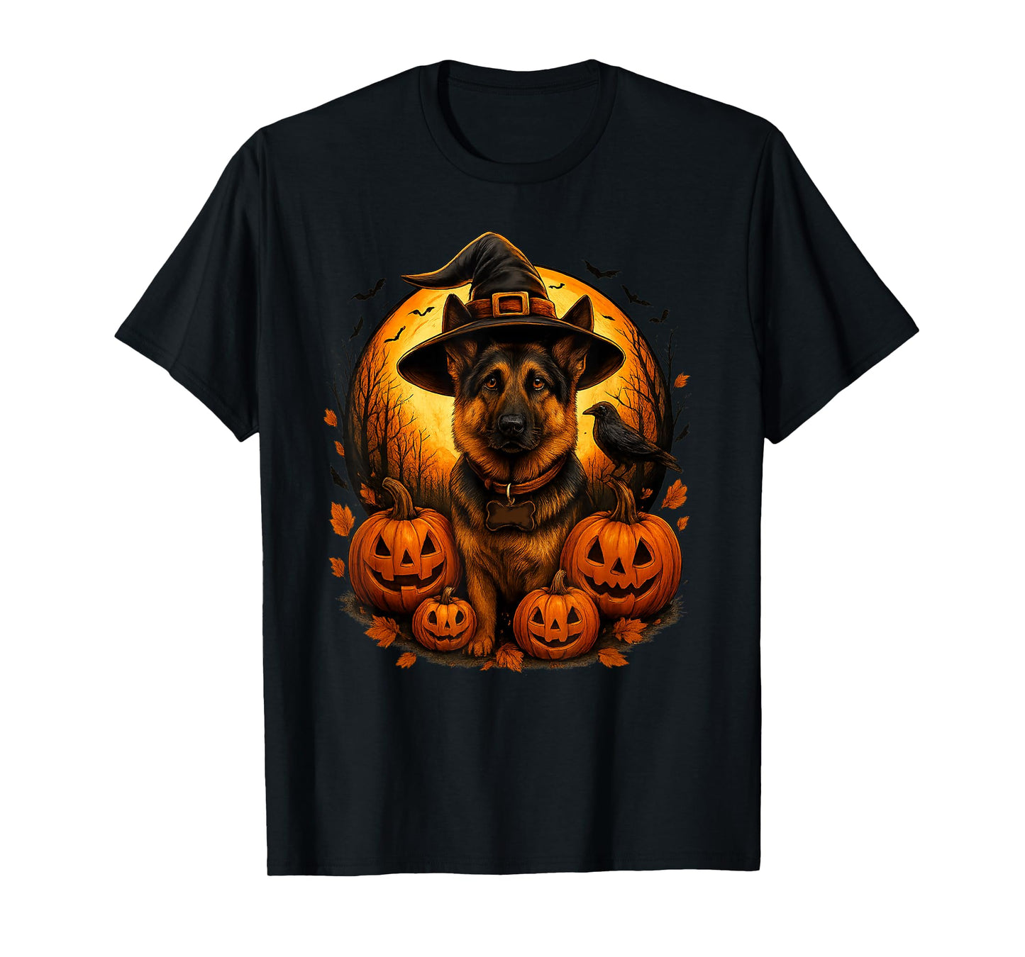 German Shepherd Witch Hat Halloween Pumpkin Dog T-Shirt