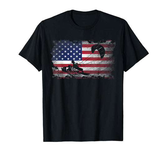 Distressed American Flag Kiteboarding USA Patriotic Gift Women Kids Men T-Shirt