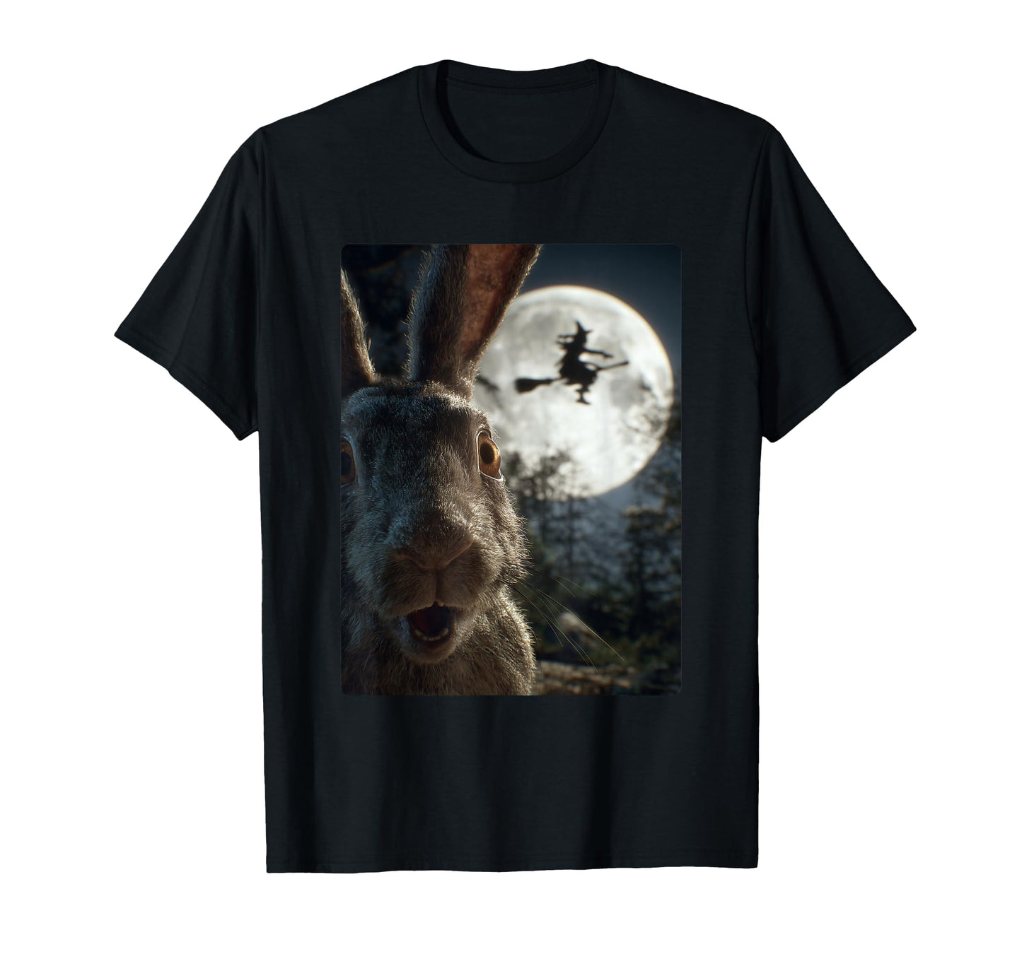 Funny Rabbit Selfie Full Moon Flying Witch Forest Halloween T-Shirt