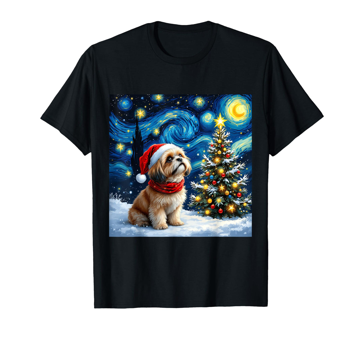 Shih Tzu Starry Night Christmas Van Gogh Dog Santa Hat T-Shirt