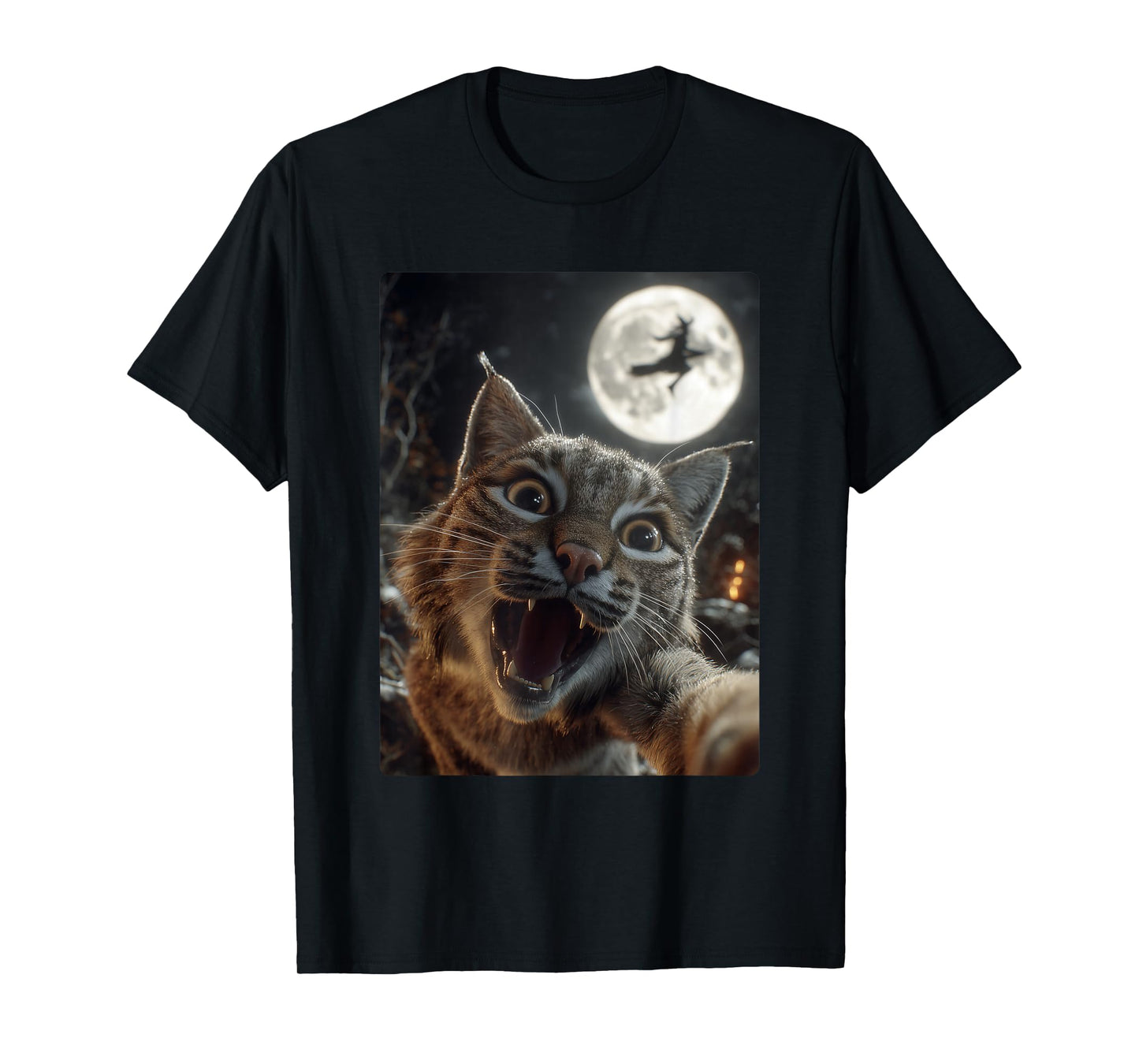 Funny Bobcat Selfie Full Moon Flying Witch Forest Halloween T-Shirt