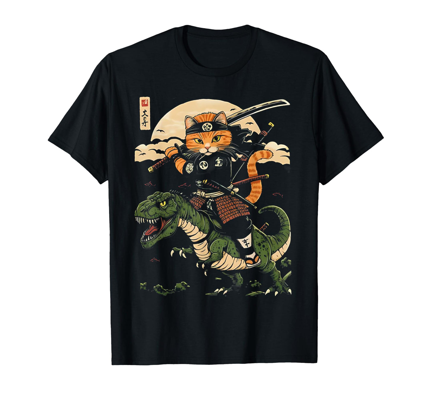Samurai Cat Riding Dinosaur Vintage Warrior Japanese Art Tee T-Shirt for Men Women