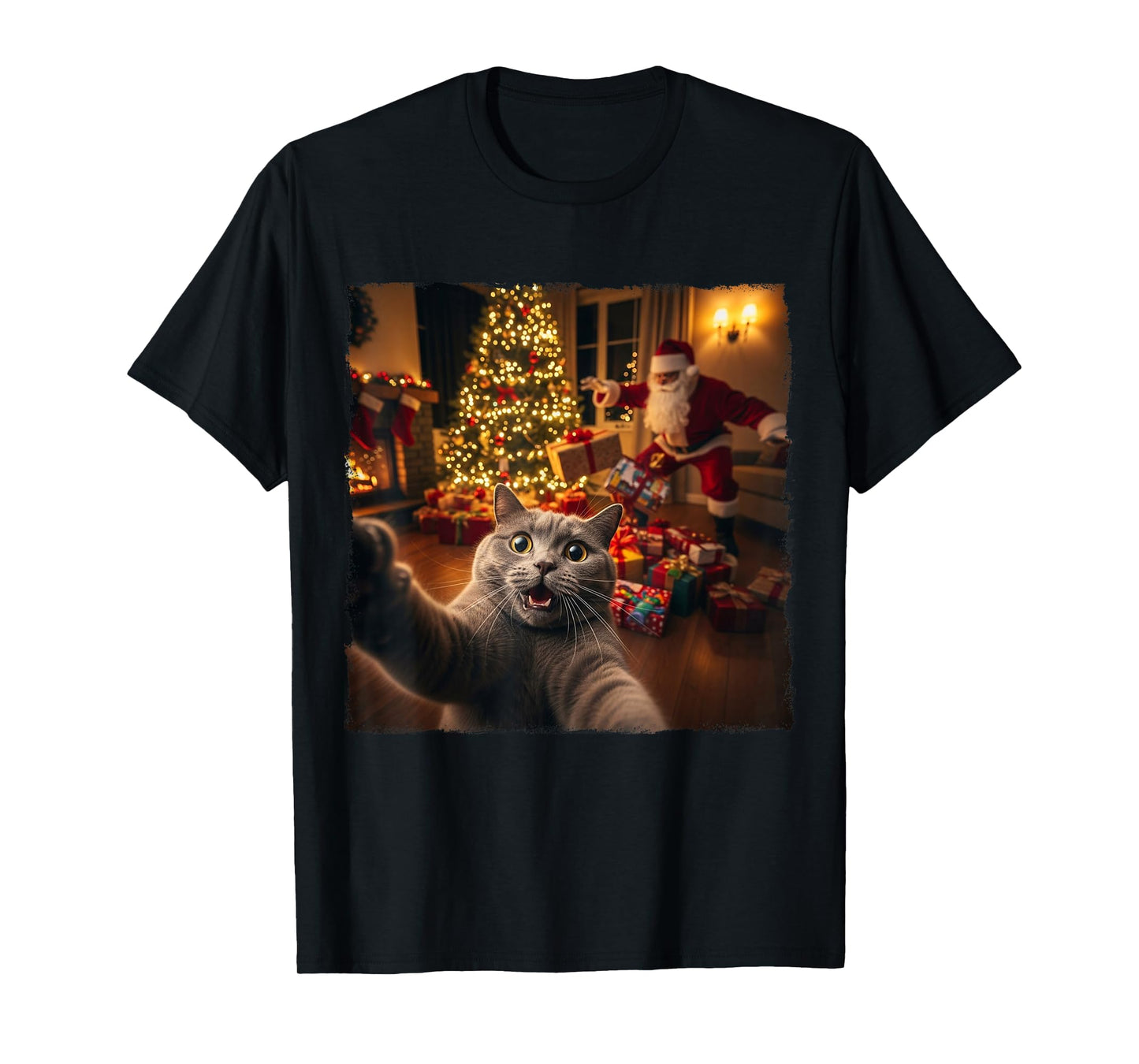 Christmas Funny Cat Selfie with Santa Claus Holiday Fun Xmas T-Shirt