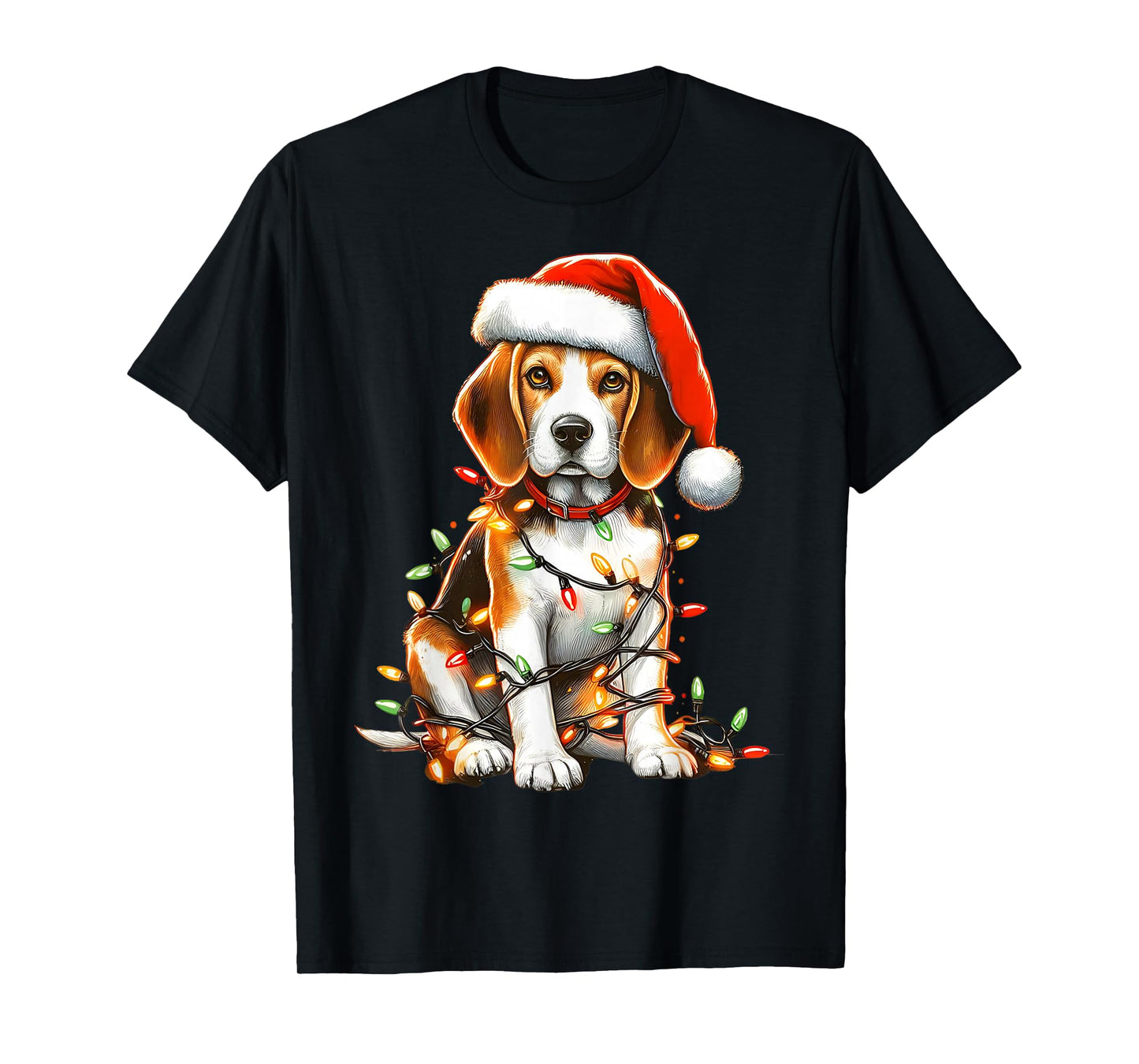 Beagle Dog Christmas Lights Santa Hat Dog Lover T-Shirt