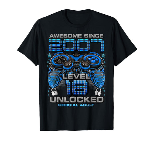 Level 18 Unlocked Awesome Since 2007 18th Birthday Gaming T-Shirt