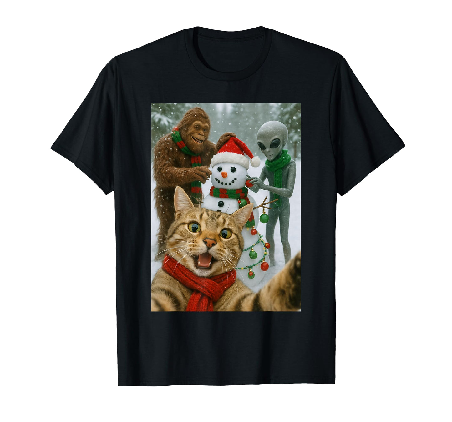 Funny Christmas Cat Selfie with Bigfoot Alien & Snowman T-Shirt